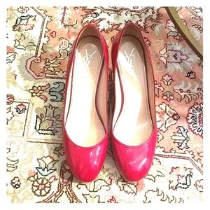 Yves Saint Laurent patent red leather cork wedges
